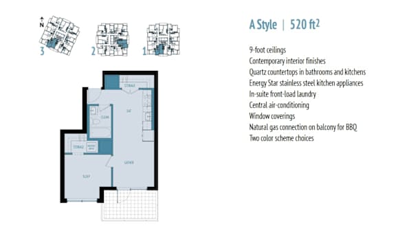 A blueprint of a house with a list of features on the right side.