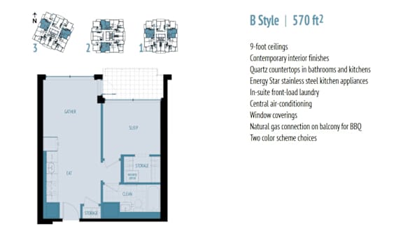 A diagram of a B Style layout with a list of features and measurements.