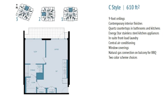 A floor plan for a C Style 610 ft2 property with a list of features.
