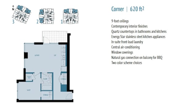 A floor plan for a 620 square foot corner apartment with a list of features.