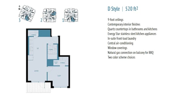 A blueprint of a D Style apartment layout with a list of features on the right side.