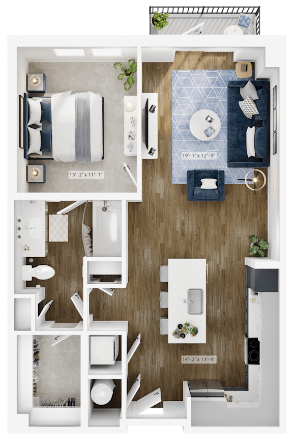 a 3d drawing of a bedroom with a wood floor