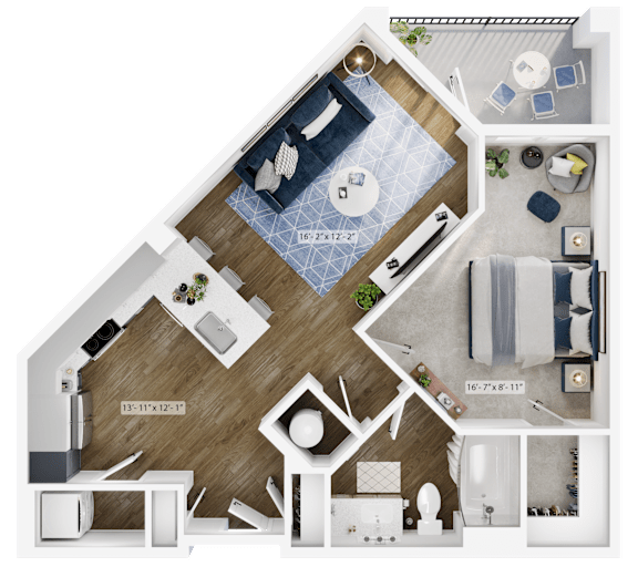 a stylized floor plan of a bedroom with a bathroom and a living room