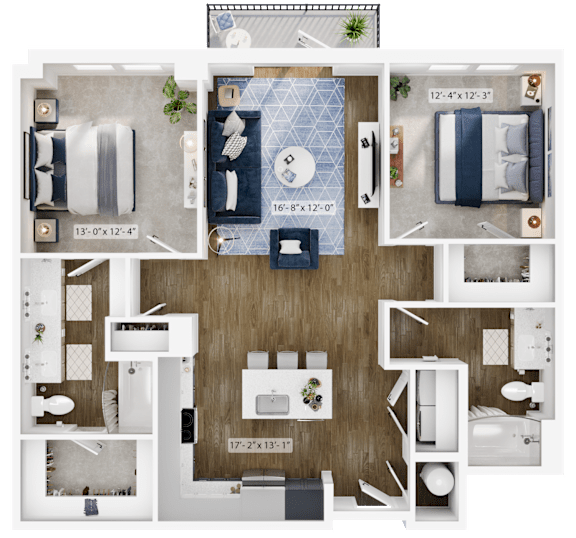a 3d floor plan of a bedroom with a bathroom and a living room