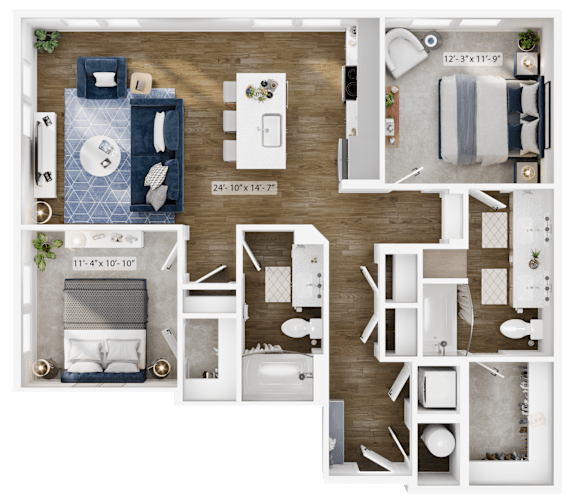 the 1 bedroom floor plan is shown here with the furniture layouts