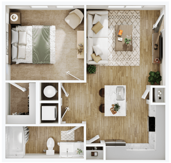 a 3d rendering of a bedroom with a bathroom and a living room
