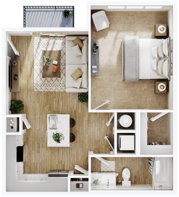 a 3d rendering of a bedroom with a bathroom and a living room