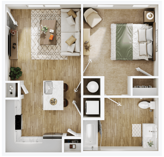 a 3d rendering of a bedroom with a bathroom and a living room
