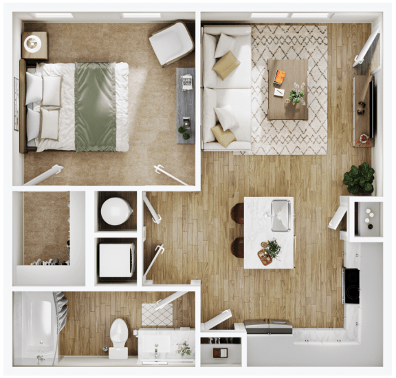 a 3d rendering of a bedroom with a bathroom and a living room