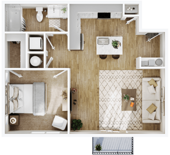 a 3d rendering of a bedroom and living room with a wood floor