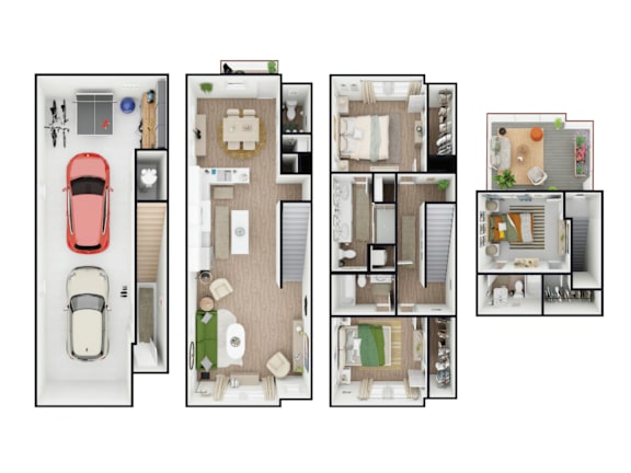 Four different floor plans of a house with a car.