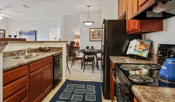 Kitchen with electric stove and granite countertops at Ansley Place Apartments, Houma, 70360