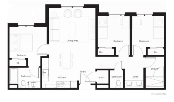 three bedroom floorplan