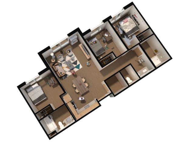 three bedroom floorplan rendering