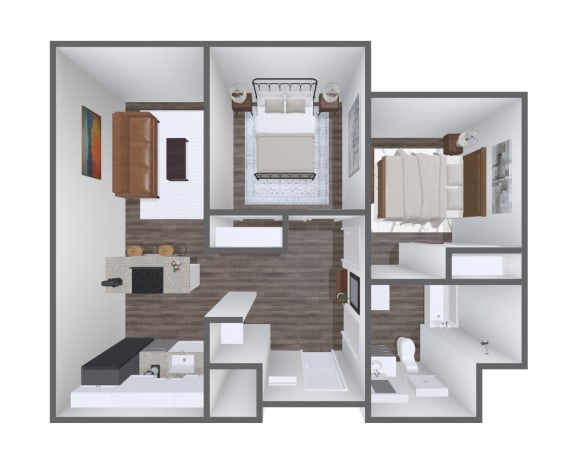 a 3d floor plan of a bedroom with a bathroom and a living room