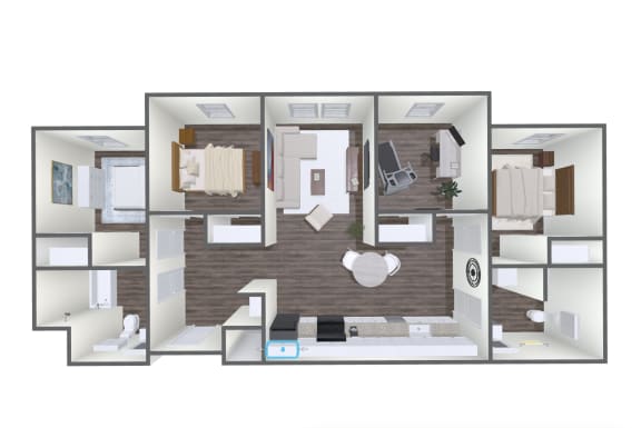 a 3d floor plan with a bedroom and a living room