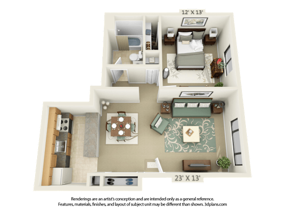 A 3D floor plan of a house with a living room, kitchen, and two bedrooms.
