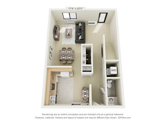 A 3D floor plan of a small apartment with a kitchen, living room, and bathroom.