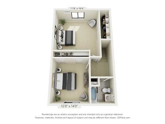 A floor plan of a two-bedroom apartment with a living room, kitchen, and bathroom.