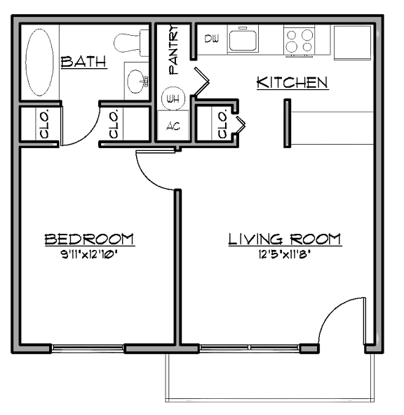2D floor plan of the A1 Cottage 525-square-foot one-bedroom, one-bath apartment at Madison at Roosevelt Apartments.