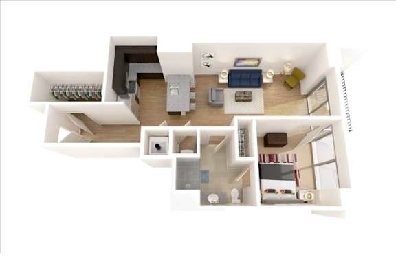 A white and wood floor plan of a house with a kitchen, living room, and bedrooms.