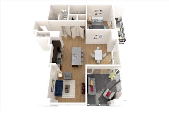 A 3D floor plan of a house showing a kitchen, living room, and two bedrooms.