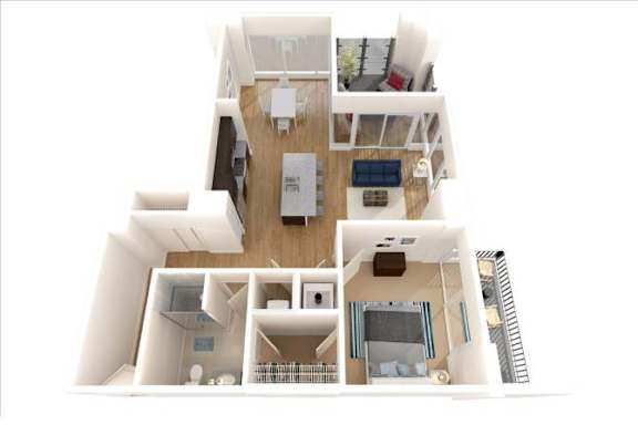A 3D floor plan of a house with a kitchen, living room, and bedrooms.