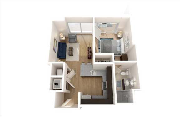 A top-down view of a small, modern apartment with a kitchen, living room, and bedroom.