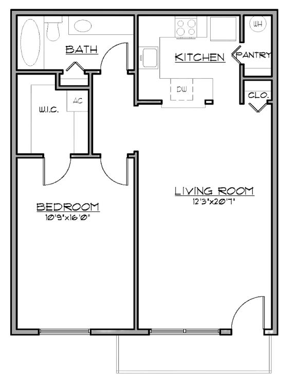 2D floor plan of the A2 Palm 720-square-foot one-bedroom, one-bath apartment at Madison at Roosevelt Apartments.
