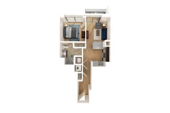 A top down view of a house with a kitchen, living room, and two bedrooms.