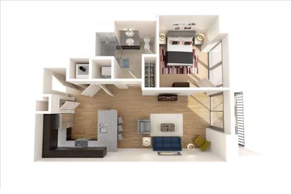 A 3D rendered image of a modern apartment layout.