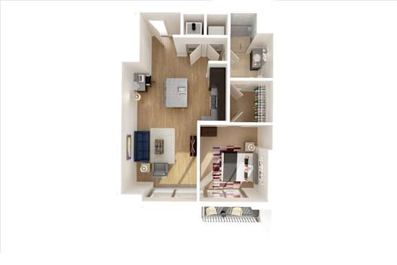 A floor plan of a small apartment with a kitchen, living room, and bathroom.