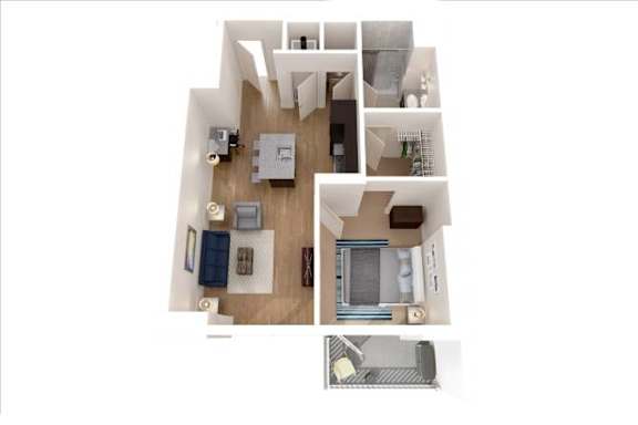 A floor plan of a house with a kitchen, living room, and two bedrooms.