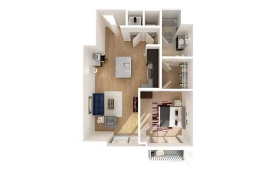 A floor plan of a house with a kitchen, living room, and two bedrooms.