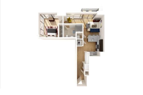 A top down view of a house with a kitchen, living room, and bedrooms.
