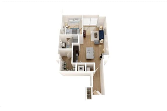A white floor plan of a house with a kitchen, living room, and two bedrooms.