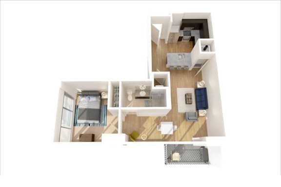 A top-down view of a small apartment with a kitchen, living room, and bathroom.