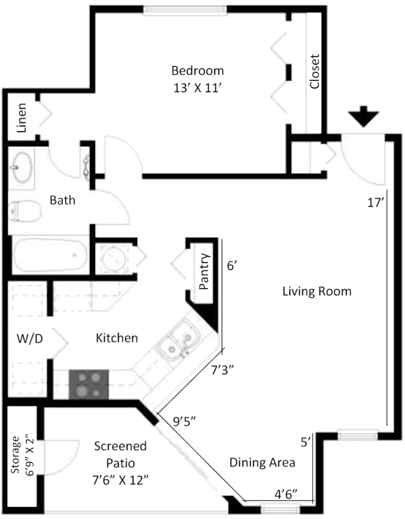 2D floor plan of the American Shoal one-bedroom apartment at Providence at Palm Harbor, featuring a spacious bedroom, open living and dining area, kitchen, bathroom, and ample closet space.