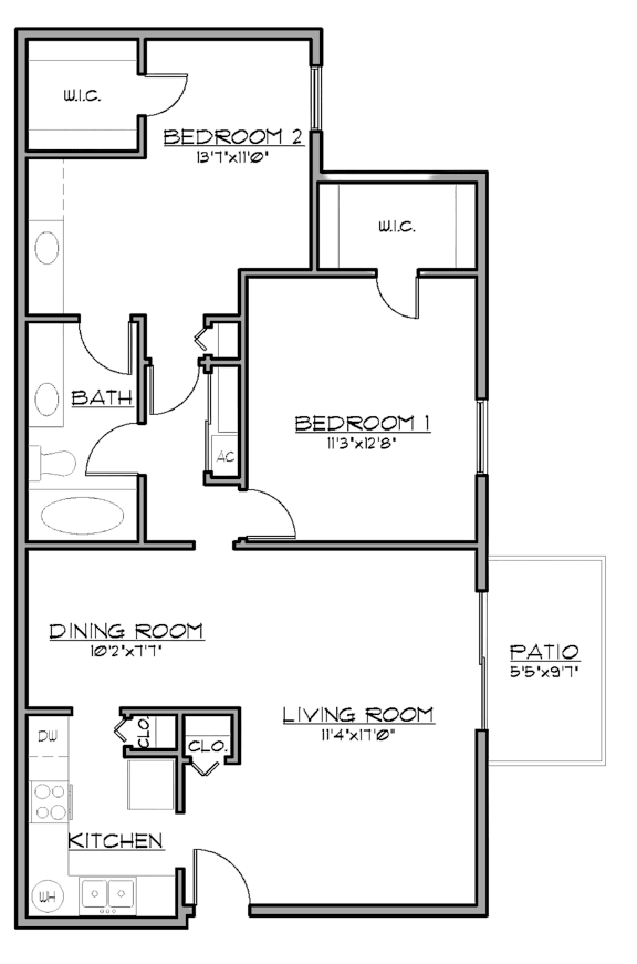 2D floor plan of the B1 Tranquility 975-square-foot two-bedroom, two-bath apartment at Madison at Roosevelt Apartments.