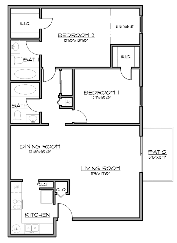 2D floor plan of the Sunset 975-square-foot two-bedroom, two-bath apartment at Madison at Roosevelt Apartments.