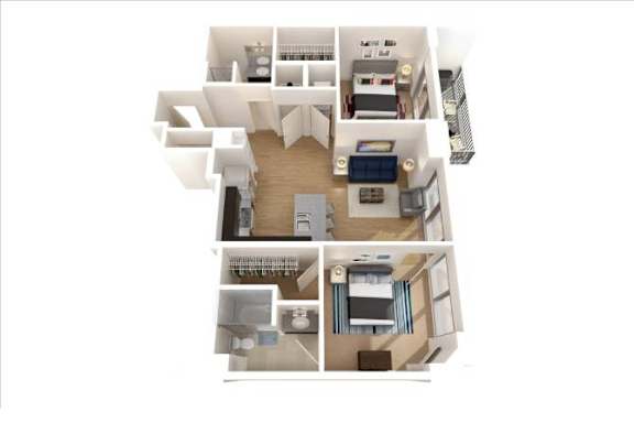 A 3D floor plan of a house showing the layout of the rooms.
