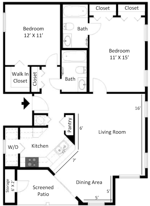 2D floor plan of the Boca Grande two-bedroom, two-bathroom apartment at Providence at Palm Harbor, featuring an open living area, kitchen, two bedrooms, two bathrooms, and closets.