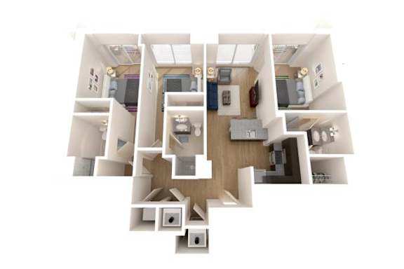 A white dollhouse with a kitchen, living room, and bedrooms.
