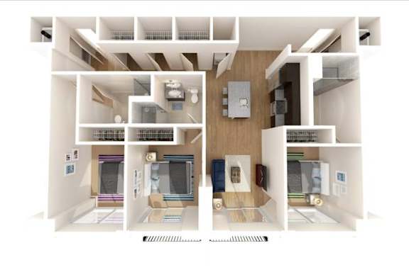 A 3D rendered image of a modern apartment layout.