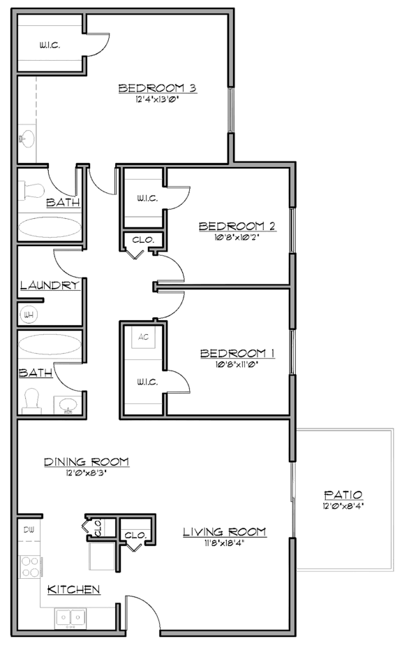 2D floor plan of the Eden 1,270-square-foot three-bedroom, two-bath apartment at Madison at Roosevelt Apartments.