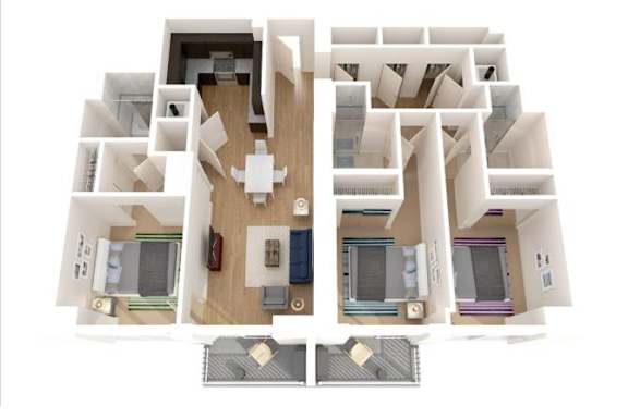 A 3D floor plan of a house with a kitchen, living room, and bedrooms.