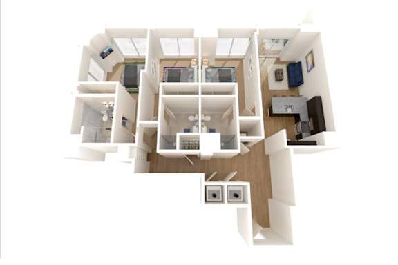 A white and wood house with a kitchen, living room, and two bathrooms.
