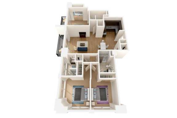 A 3D model of a house with a kitchen, living room, and two bedrooms.