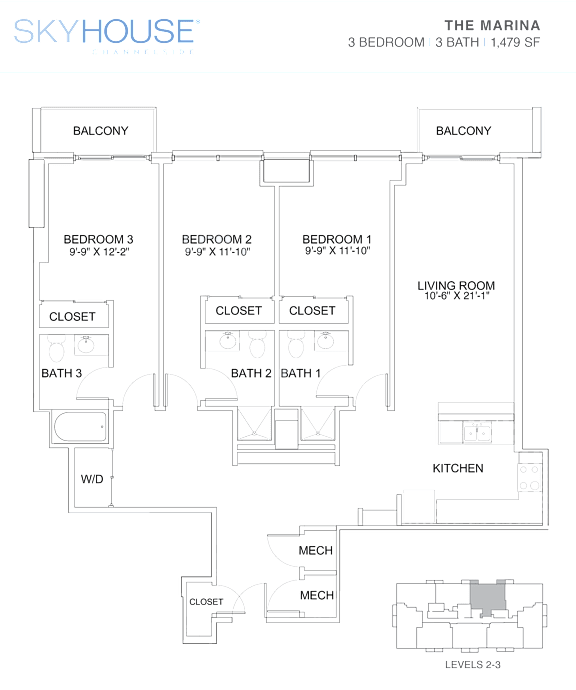A floor plan for a Skyhouse Channelside showcases a living room, two bedrooms, two bathrooms, a kitchen, and a balcony.