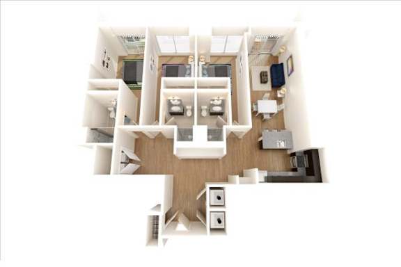 A white dollhouse with a kitchen, living room, and dining room.